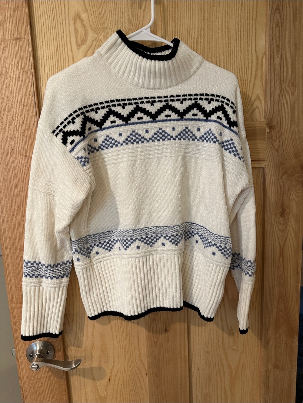 Christian Siriano Cream Sweater with Black and Blue Fair Isle Accents